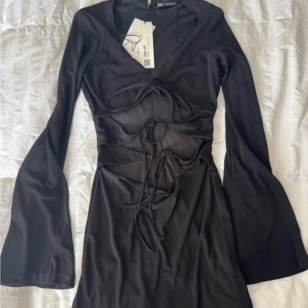 Zara Black Long Sleeve Dress with Tie Detail